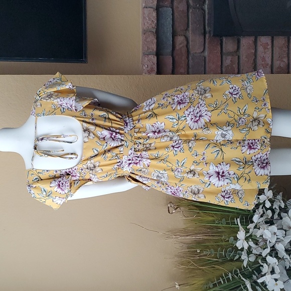 🆕️ XHILARATION Yellow Floral Self-Tie Waist Flutter Sleeve Dress SIZE: XS - Picture 6 of 11